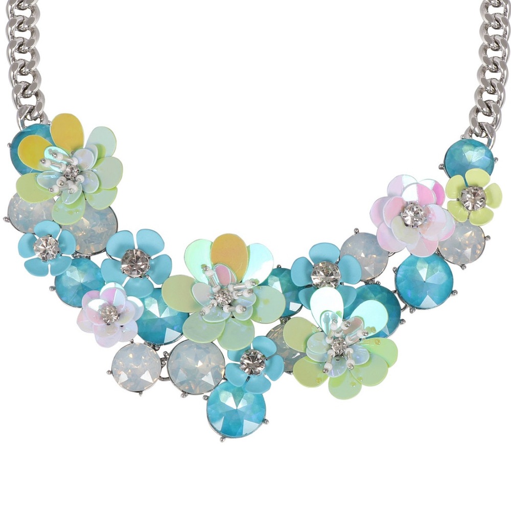 Silver-Tone Mixed Stone Flower Statement Necklace… - image 2